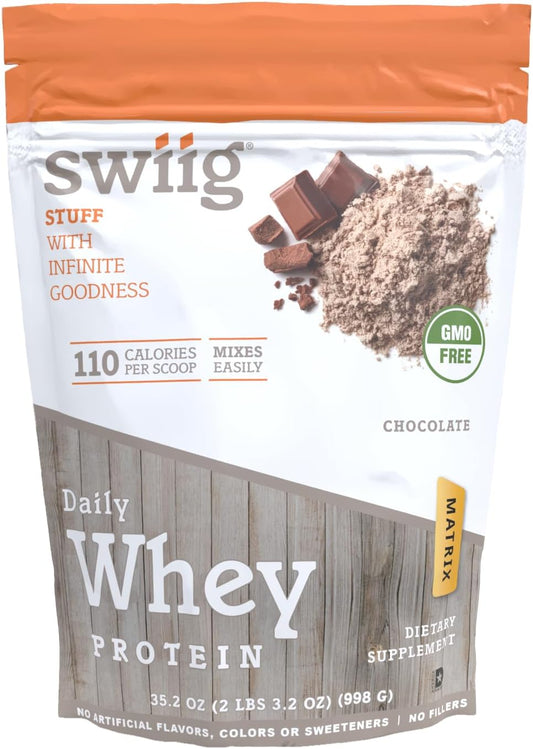 swiig Premium Daily Whey Protein Matrix Chocolate 2.2 lb – 20g Protein Gluten-Free Non-GMO No Fillers No Artificial Flavors Enhanced with Amino Acids for Muscle Recovery All Natural Formula