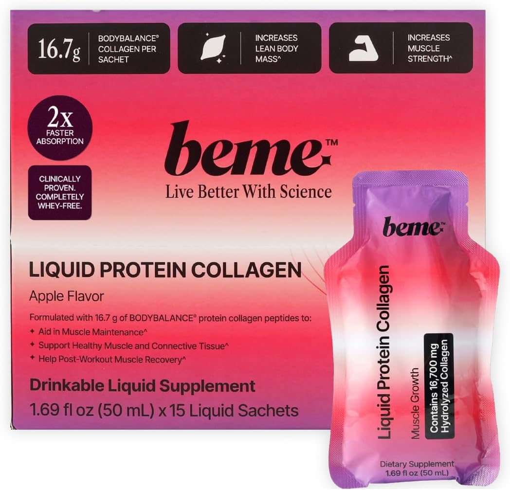 BeMe Liquid Protein Collagen Shot – BODYBALANCE Clinical Formula – 16.7g Collagen + 15g Whey-Free Protein – Muscle Support – Ready-to-Drink Sachets, Apple, 15 Pack