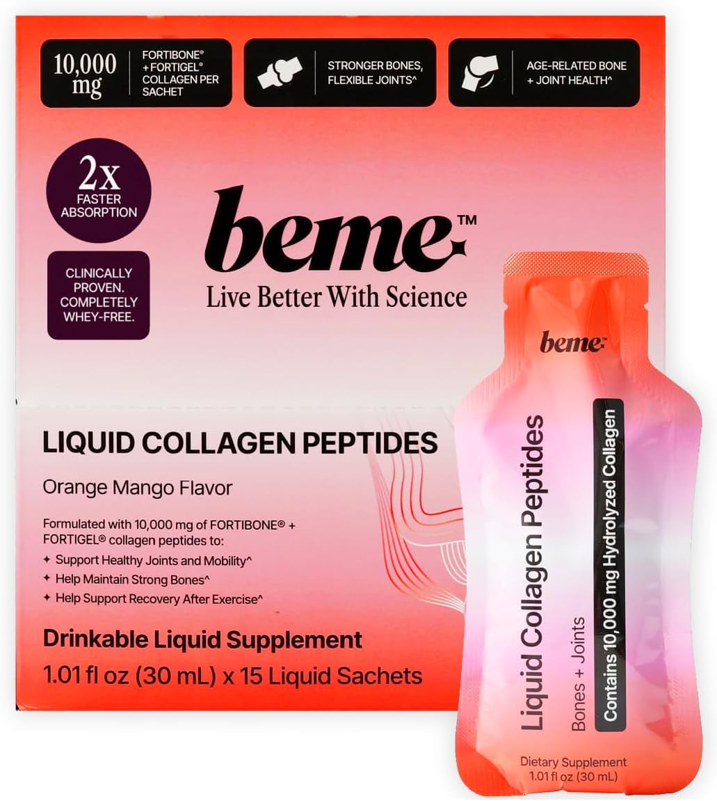 BeMe Liquid Collagen Peptides for Bone & Joint Health - 10,000mg FORTIBONE & FORTIGEL - 2X Faster Absorption - Clinically Proven to Support Bone Density & Cartilage Regeneration
