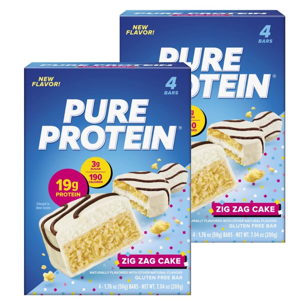 Pure Protein Zig Zag Cake Protein Bars, Vanilla Cake with Milk Chocolate Frosting, 19g Protein, Gluten Free, Low Sugar, 1.76 oz, (2 Pack of 4 Bars)
