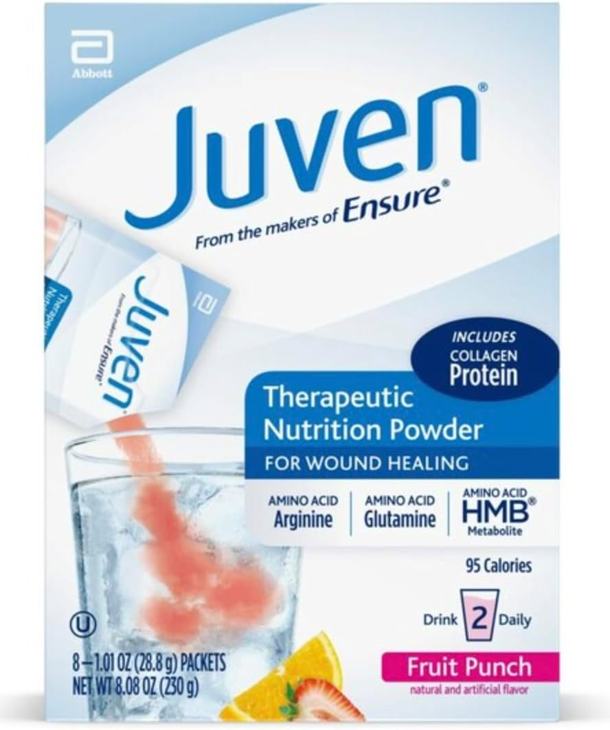 Juven Therapeutic Nutrition Drink Powder Including Collagen Peptides, Amino Acids, and HMB for Wound Healing Support, Fruit Punch, 8 Packets