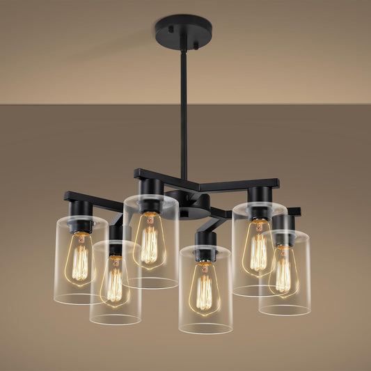 Kvaeavn 6-Light Modern Farmhouse Black Chandelier, Dining Room Light Fixture Over Table Adjustable Height Hanging Industrial Pendant Lights Kitchen Island, Clear Glass Shade