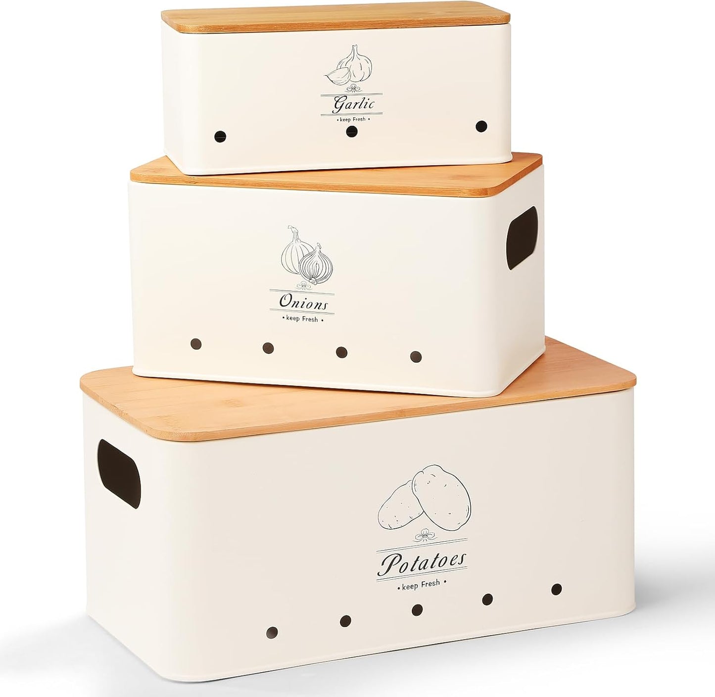 Clewcks Kitchen Vegetable Storage Tins Set of 3 for Potatoes, Onion, Garlic, Vegetable Storage Containers with Ventilation and Bamboo cover, White metal material, Potato and Onion bin for Pantry