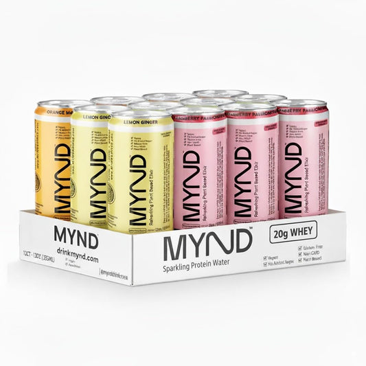 MYND Mixed Case Sparkling Protein Water, 20g Whey Protein, 4 Orange x 4 Lemon x4 Elderberry CASE
