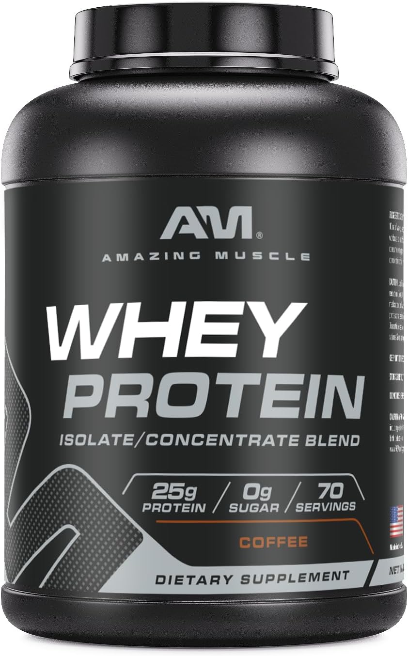 Amazing Muscle Whey Protein Isolate & Concentrate Blend | Coffee Flavor | 25 G Protein | 5 LB (2.26 Kg) | Non-GMO | Gluten-Free | Made in USA