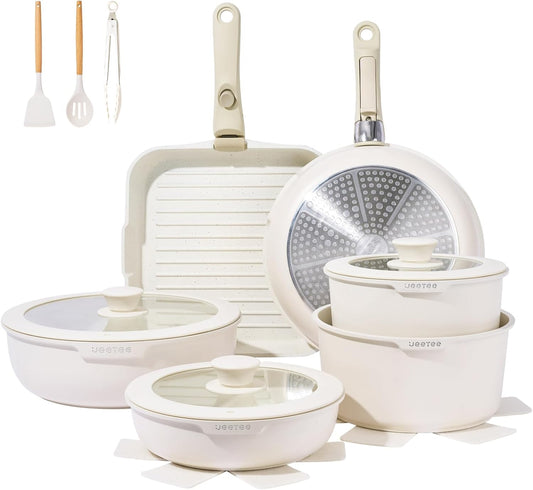 JEETEE Nonstick Pots and Pans Set with Removable\/Detackable Handle (Beige, 25 Pieces)
