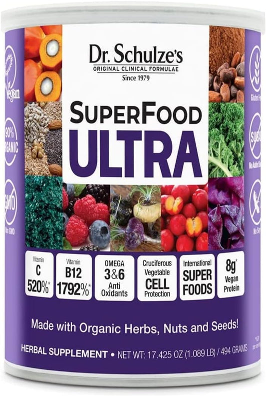 Dr. Schulze's SuperFood Ultra | Organic Super Food Powder | Vitamin B Complex and 520% Vitamin C | May Help Boost Energy & Improve Fitness | Vegan, Non-GMO & Gluten-Free | 17.4 Oz