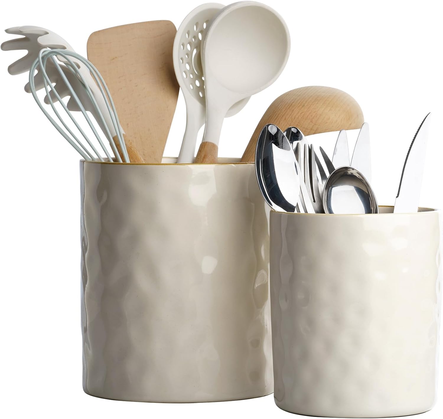 famiware Ocean Utensil Holder, 7.2"+5.8" Ceramic Kitchen Utensil Holder for Countertop, Cooking Utensil Crocks, Utensil Organizer for Spatula & Spoon, Kitchen Decor, Set of 2, Vanilla White