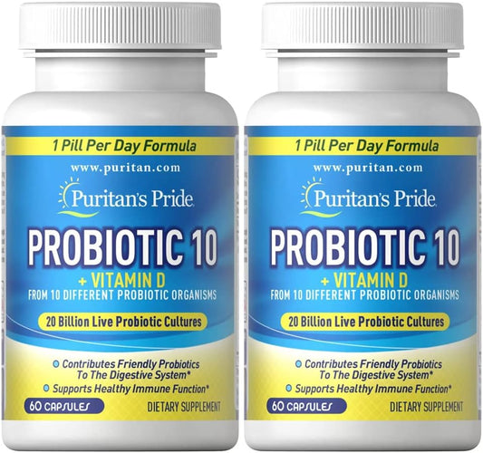 Puritan's Pride Probiotic 10 with Vitamin D, 60 Capsules (Pack of 2)