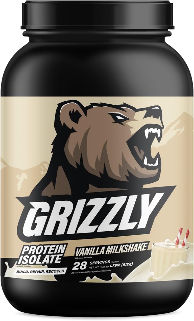 Grizzly Whey Isolate 25g Protein Powder Vanilla Protein Shake - 5.5g BCAAs for Growth & Muscle Recovery - 89% Whey Protein Per Serving - Post Workout, Muscle Builder for Men & Women - 28 Servings