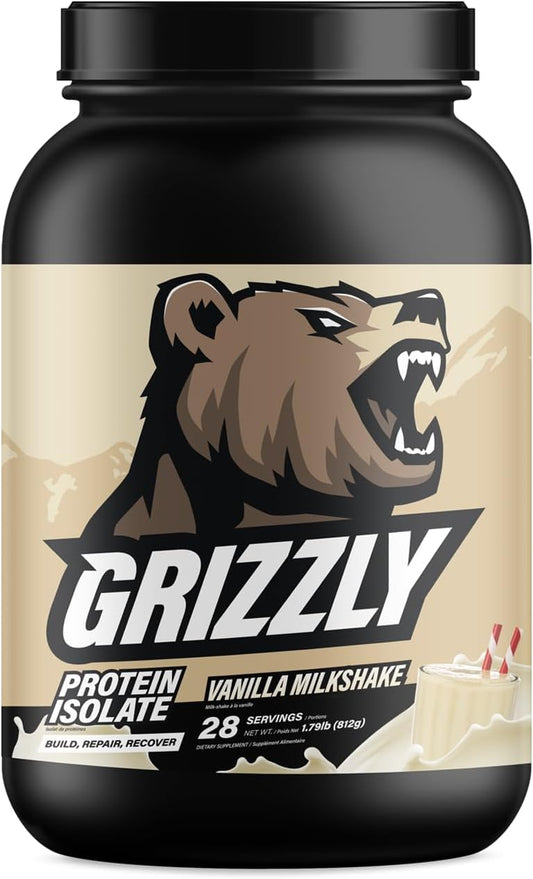 Grizzly Whey Isolate 25g Protein Powder Vanilla Protein Shake - 5.5g BCAAs for Growth & Muscle Recovery - 89% Whey Protein Per Serving - Post Workout, Muscle Builder for Men & Women - 28 Servings
