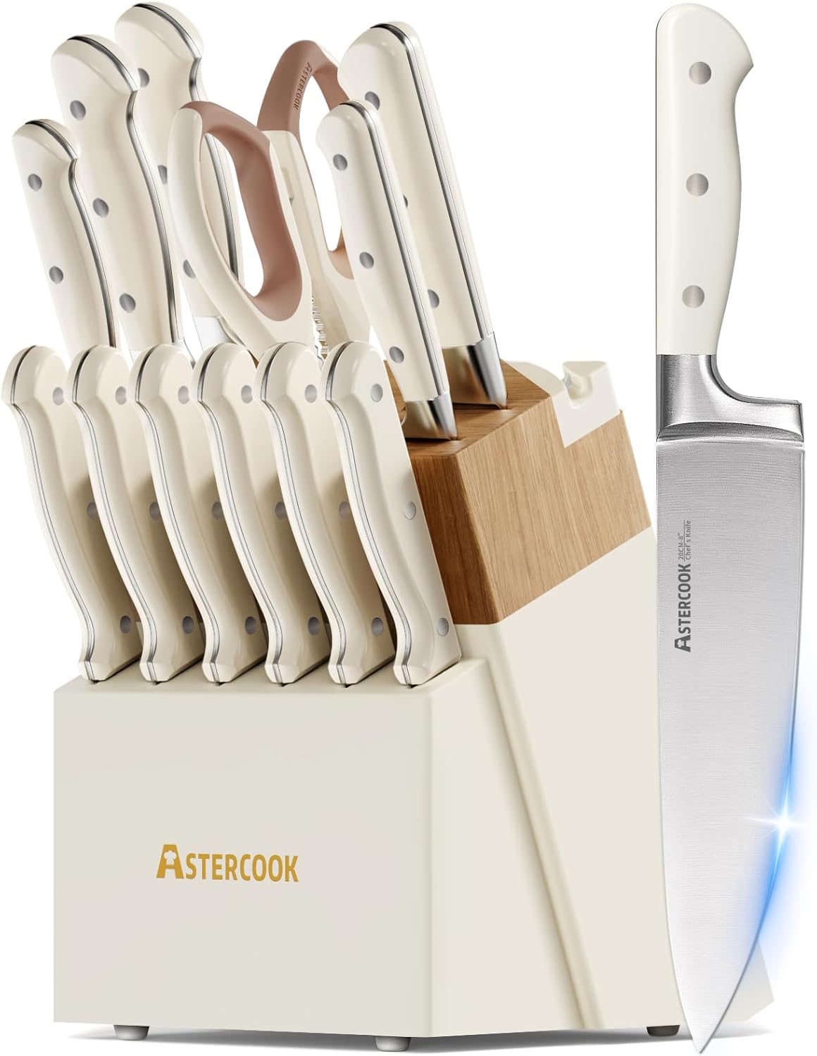 Knife Set,Astercook Kitchen Knife Set with Block 14-Piece Full Tang Stainless Steel Knives with Sharpener Dishwasher Safe and Anti-Slip Ergonomic Handle Elegant Cream White Utensils Set
