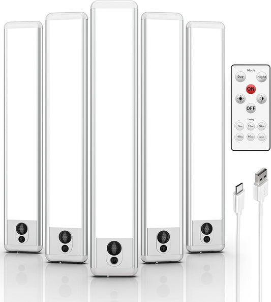 EZVALO 5 Pack Under Cabinet Lighting, Rechargeable Motion Sensor Light, LED Closet Lights Wireless, 5700K Dimmable, Timer, Magnetic, with Remote Control for Kitchen, Closet, Stair