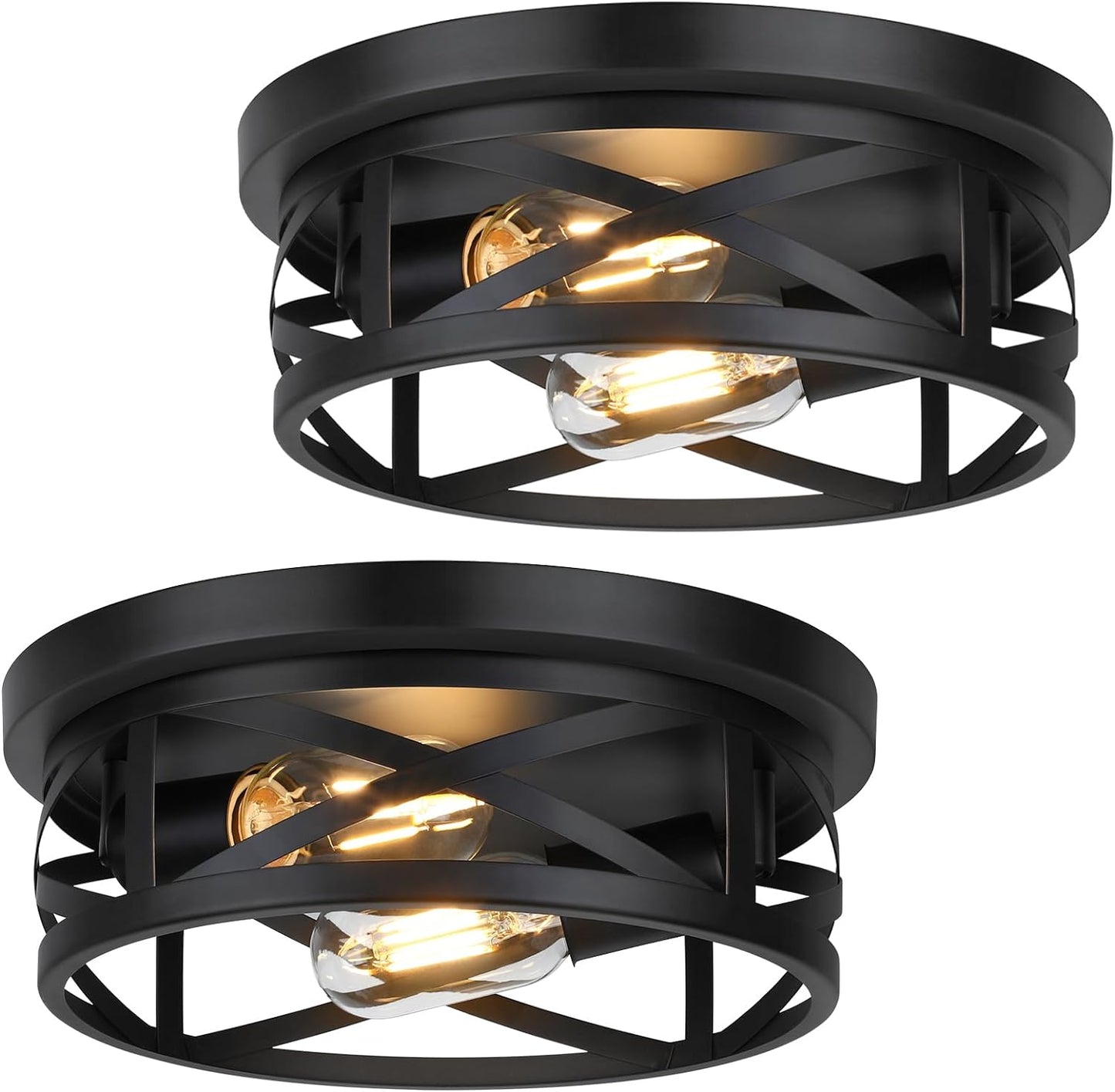 2-Light Flush Mount Ceiling Light Fixtures, 2-Pack Farmhouse Black Ceiling Lights, Industrial Metal Cage Light Fixtures with Adjustable Head for Bedroom Hallway Kitchen
