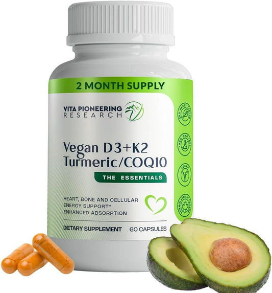 4-in-1 Plant Based Vegan Vitamin D3 2000IU + K2Vital Vitamin K2 with Turmeric and COQ10 - with Avocado Powder for Enhanced Absorption - Heart, Bone, Cellular Health Support