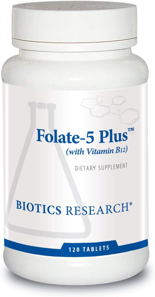 Biotics Research Folate 5 Plus High Potency Folate with B12, Methyl Support, 5 Milligram Natural and Whole Food Form of Folate, 18mcg B12, Pregnancy Nutrition, Energy Support, Healthy Skin, 120 tabs