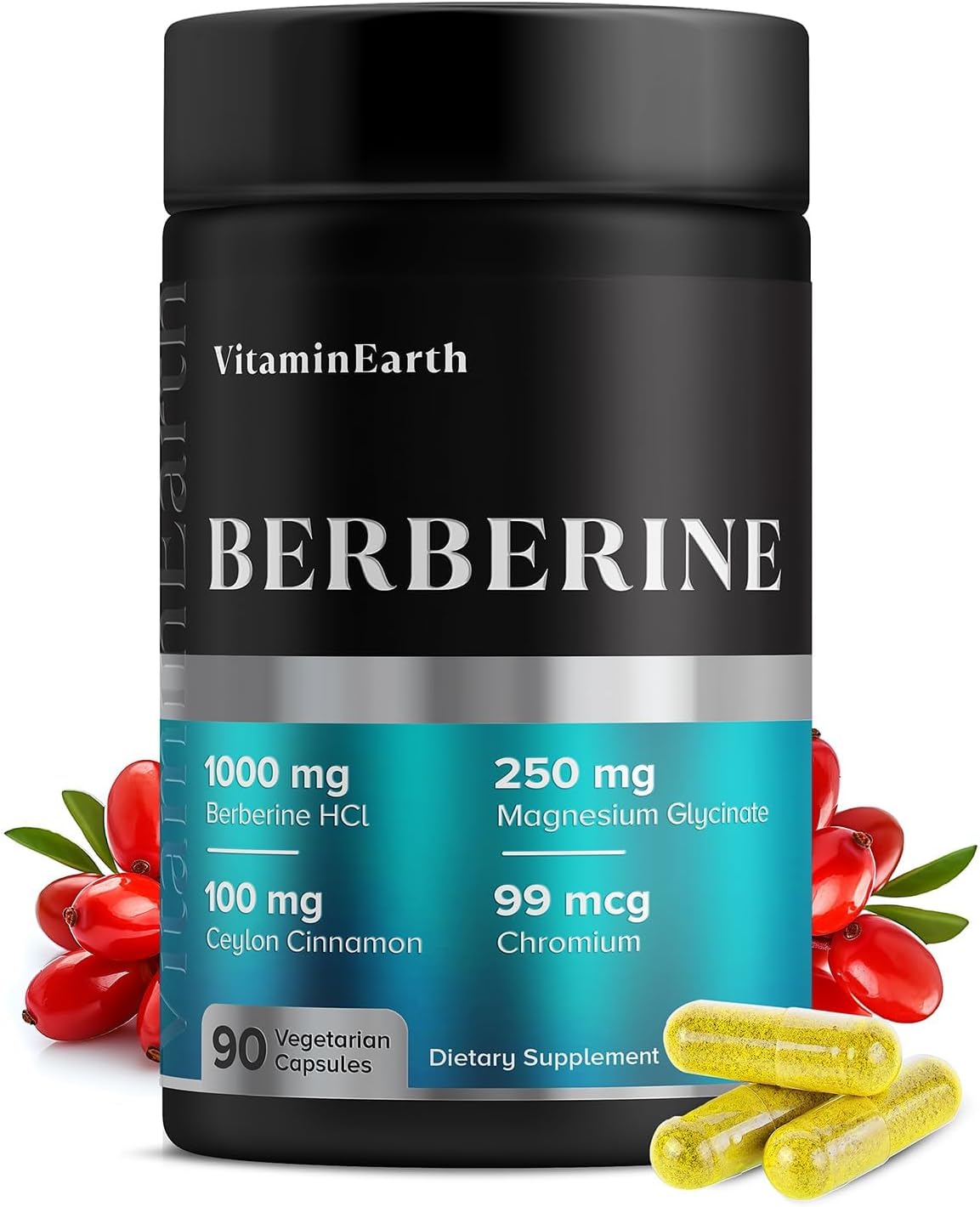 Vitamin Earth Berberine Complex \u2013 1000mg Berberine HCl with Magnesium, Ceylon Cinnamon & Chromium \u2013 Metabolic Wellness Support \u2013 Vegan, Non-GMO, 90 Capsules