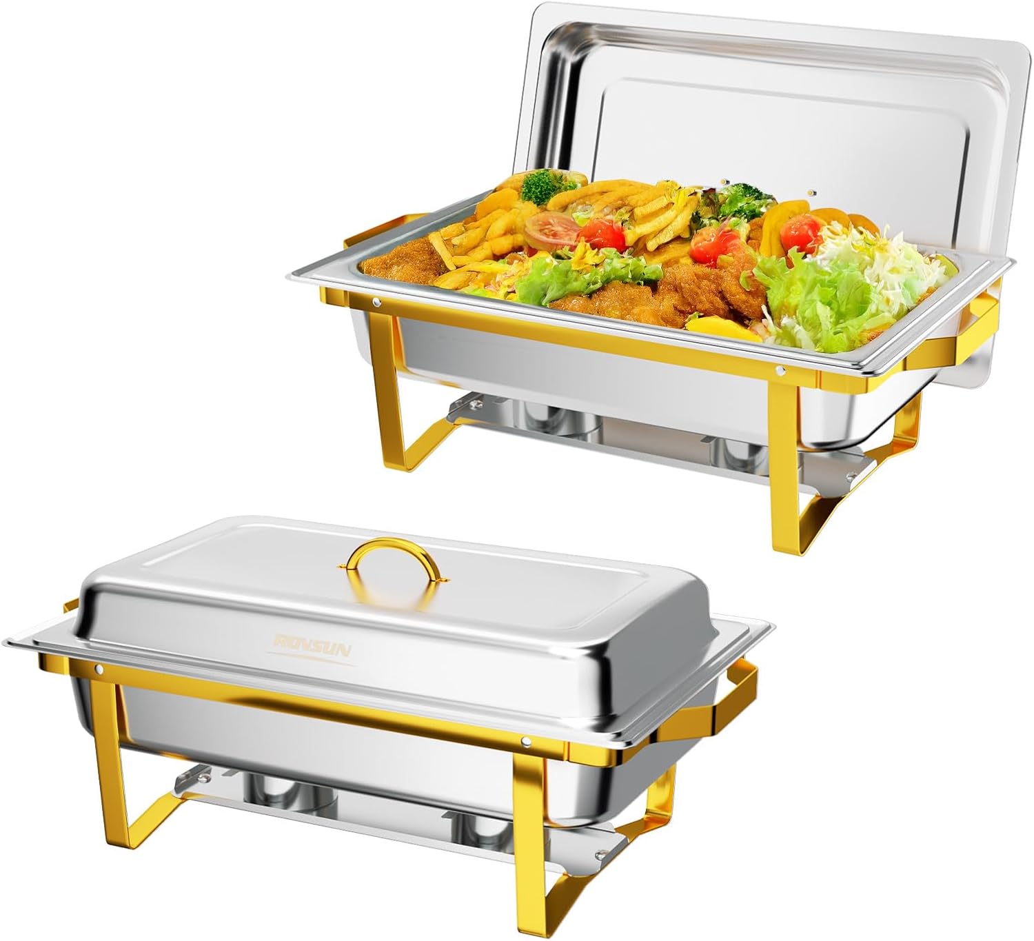 ROVSUN Chafing Dishes for Buffet 2 Pack, 9QT Chafing Dishes [Elegant Gold & Silver] with Rolled-Edge Design, Catering Chafer Warmer Set with Folding Frame for Party Wedding Banquet
