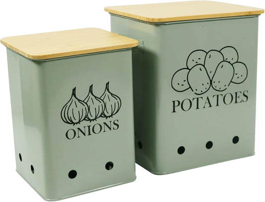 Kitchen Vegetable Storage Tins Set of 2 for Potatoes, Onion, with wooden lid Garlic Bin Caddy, Long Shelf Life-Grayish Green