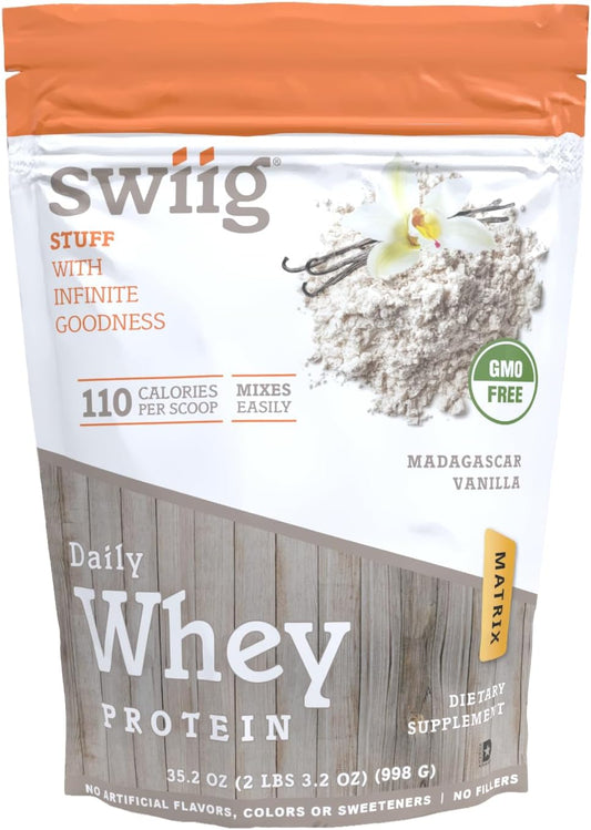 swiig Premium Daily Whey Protein (Vanilla 2.2lb): 20g Protein, Gluten-Free, GMO-Free, No Fillers, No Artificial Flavors - Enhanced with Amino Acids for Muscle Recovery - All Natural Formula