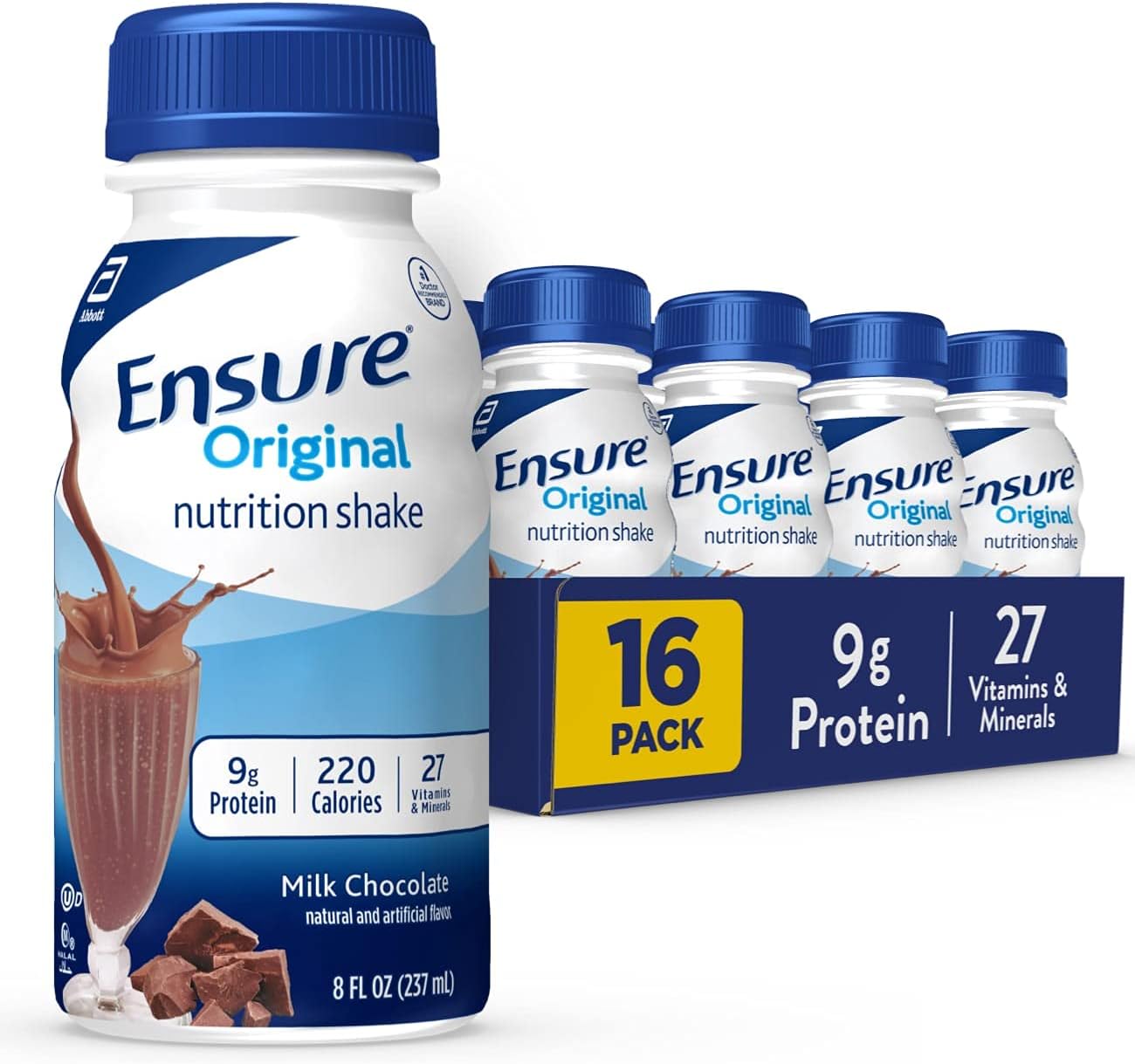 Ensure Original Milk Chocolate Nutrition Shake | Small Meal Replacement Shake | Ready To Drink | 9g Protein, 27 Vitamins and Minerals | 8 fl oz - 16 Pack