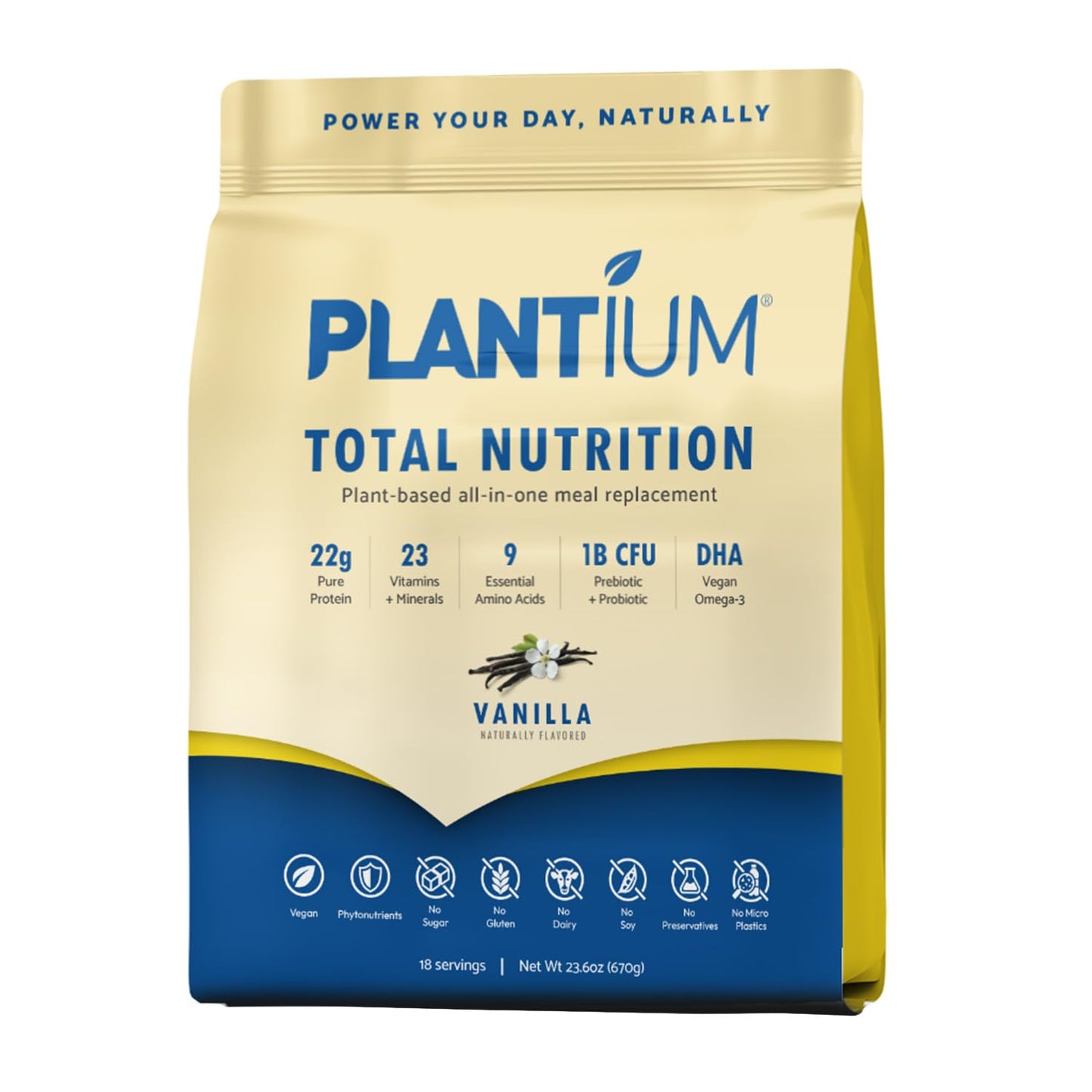 AMAXI Plantium Total Nutrition, Premium All-in-One Meal Replacement Shake, Plant-Based Protein Powder with Vitamins, Minerals & Probiotics, 22g Protein per Serving, Vanilla