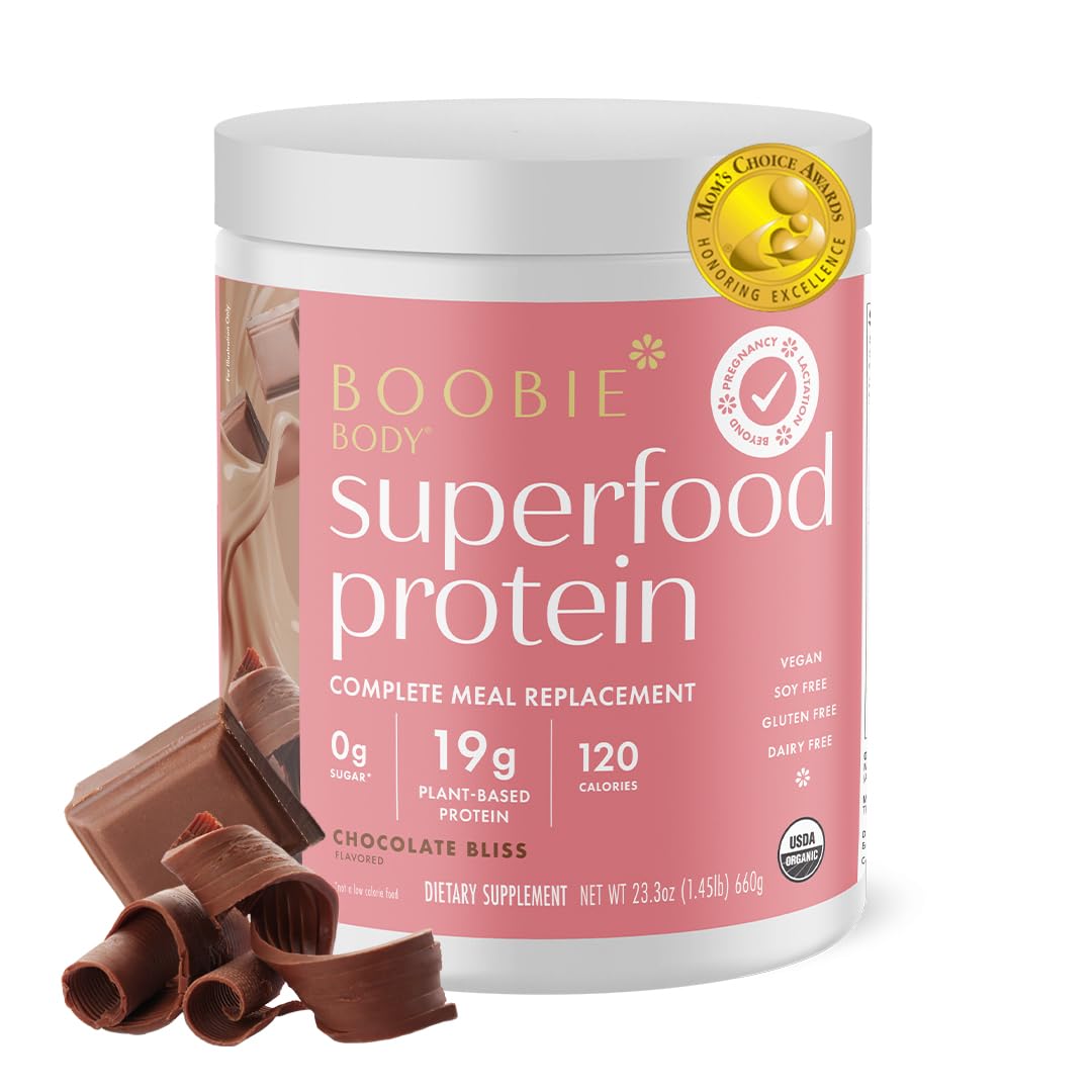 Boobie Body Superfood Protein Meal Replacement Shake, Chocolate Bliss Flavor | 19g Protein | Safe for Prenatal, Pregnancy, Lactation, & Motherhood | Organic, Vegan, Zero Sugar, 1 Tub (20 Servings)