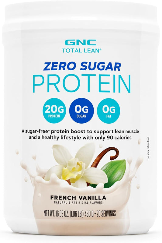 GNC Total Lean Zero Sugar Protein Powder, 20g, No Sugar, No Fat, 90 Calories, French Vanilla, 20 Servings