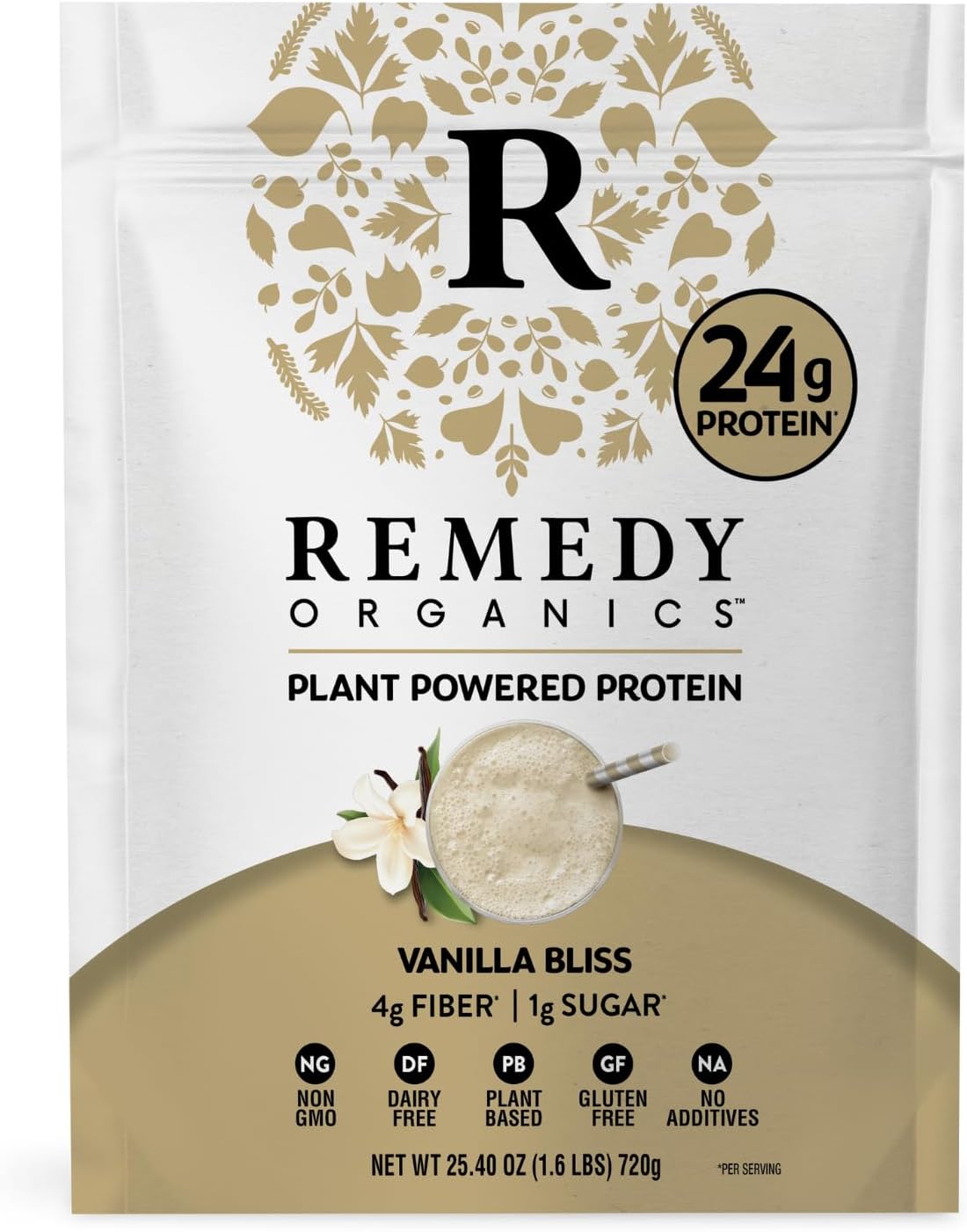 Remedy Organics Plant Based Protein Powder - Vanilla Bliss - 24g Non-GMO Protein, 4g Fiber, 1g Sugar, 21 Essential Vitamins & Minerals, Pre & Post Workout, No Seed Oils, Dairy-Free, Gluten-Free