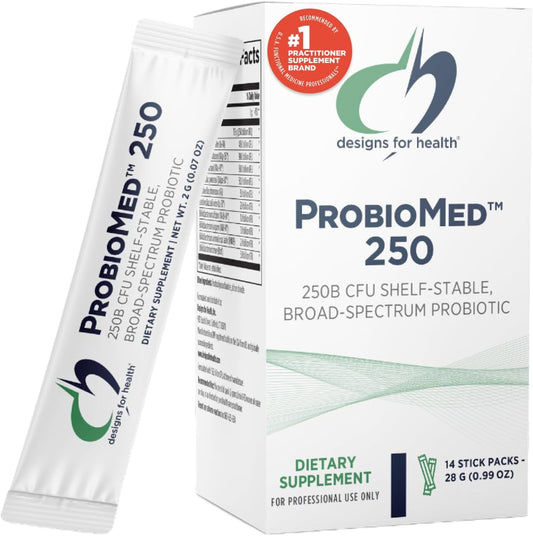 Designs for Health ProbioMed 250 Probiotics - Shelf Stable 250 Billion CFU Probiotic Supplement for Adults - 10 Strains for Digestive Health + Immune Support - Dairy Free + Gluten Free (14 Packets)