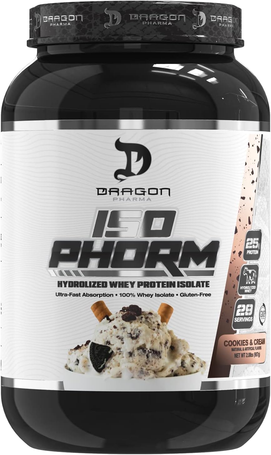 DRAGON PHARMA Hydrolized Whey Protein Isolate, Fast Absorption, Gluten Free, 100% Whey Protein, IsoPhorm, Maximize Recovery, Great Tasting, 25 Grams Per Serving (31 Servings, Cookies & Cream)