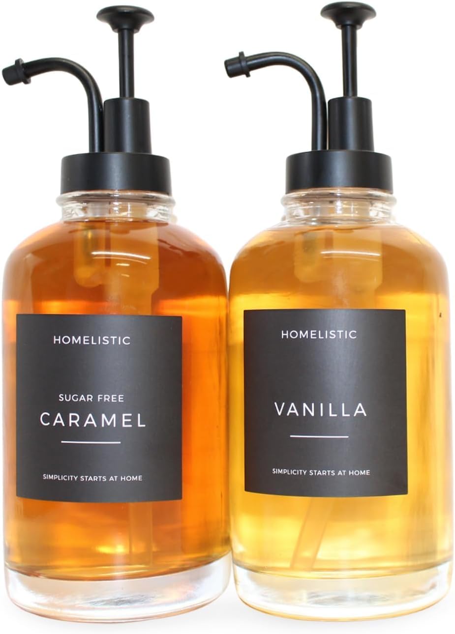 Homelistic Syrup Dispenser for Coffee Bars, Set of 2 Glass Syrup Bottles with Black Pumps, 16.9 oz 500 ml, Coffee Bar Accessories, Includes Sugar Free Coffee Syrup Labels in Black