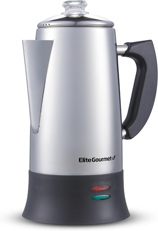 Elite Gourmet EC922 Electric Coffee Percolator, BPA Free, Keep Warm, Glass Clear Brew Progress Knob, Cool-Touch Handle, Cordless Serve, 12-Cup, Stainless Steel