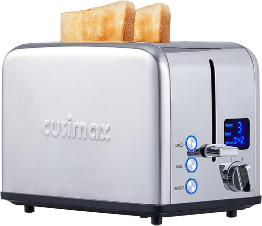 CUSIMAX Stainless Steel 2 Slice Toaster with LED Display, Extra-wide Slots, 6 Browning Settings, Cancel\/Bagel\/Defrost, Removable Crumb Tray, Silver