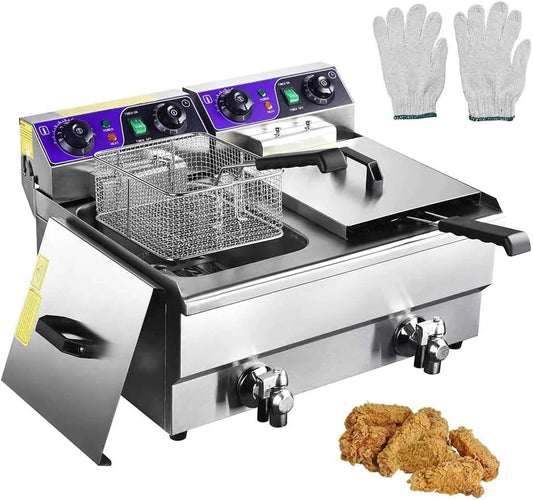 Dual Tank Stainless Steel Electric Deep Fryer w/Drain Timer Baskets Dual Tank Stainless Steel Electric Deep Fryer w/Drain Timer Baskets (20L - Dual Tank)