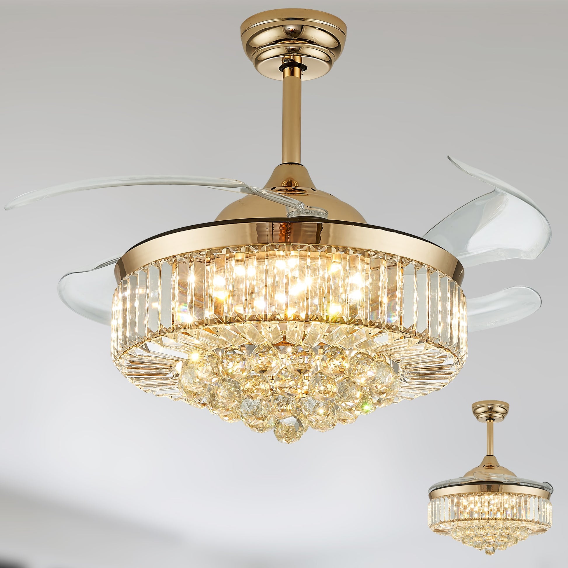 Antoine Retractable Crystal Integrated 42-in Glod with Clear Blades Color-changing Integrated LED Indoor Smart Fandelier Ceiling Fan with Light and Remote (4-Blade) LSBD-14