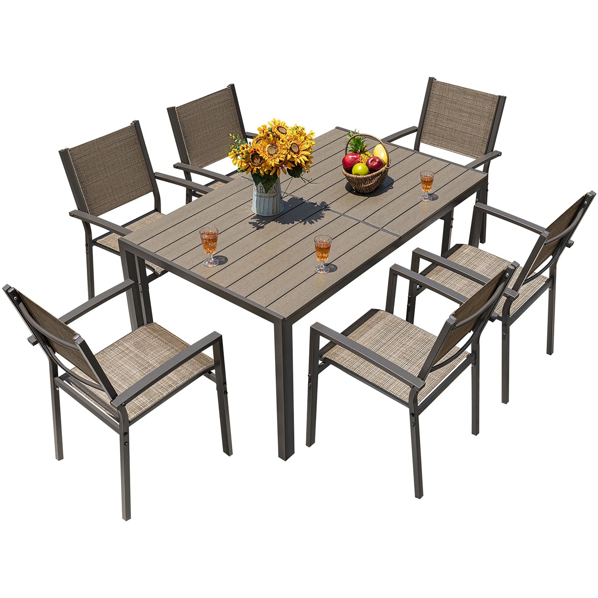 Vineego Long Dining Set 7 -Piece Black Patio Dining Set Wood Square Table with 6 Off-white Stationary Chairs