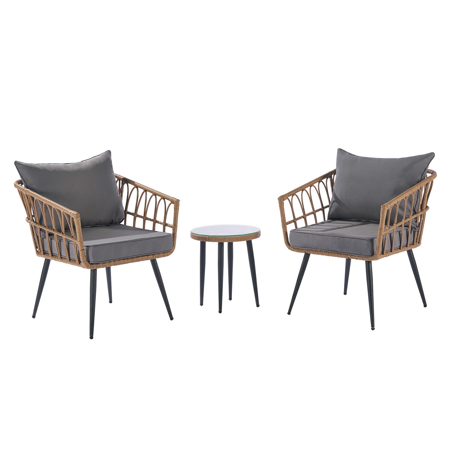 SINOFURN 3 -Piece Rattan Patio Conversation Set with Gray Cushions
