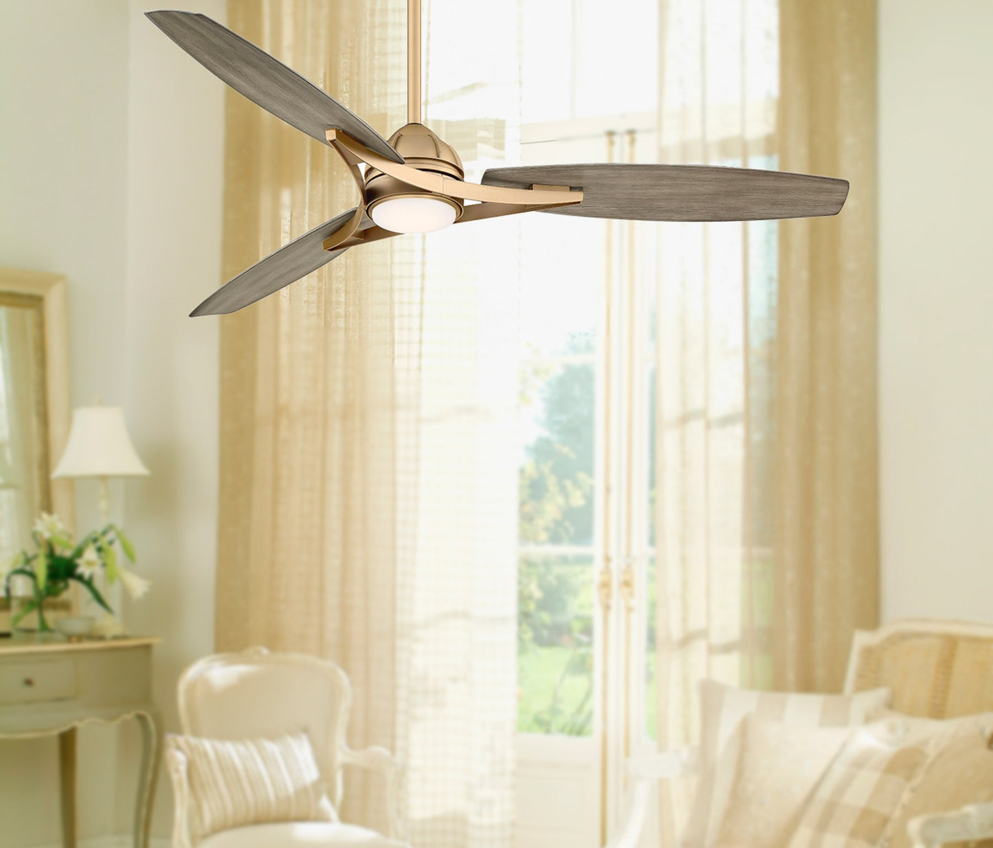 Minka Aire Molino 65-in Soft Brass with Seashore Grey Blades Integrated LED Indoor/Outdoor Smart Propeller Ceiling Fan with Light and Remote (3-Blade) F742L-SBR