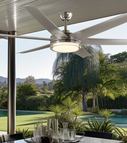 Minka Ceiling Fan Co. Voltaire 65-in Color-Changing Integrated LED Outdoor Brushed Nickel with Silver Blades Ceiling Fan With Light - Remote Included ( 6 -Blade ) 5195371