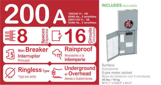 Square D 200-Amp 8-Spaces 16-Circuit Outdoor Main Breaker Meter Combo Load Center RC816F200CH