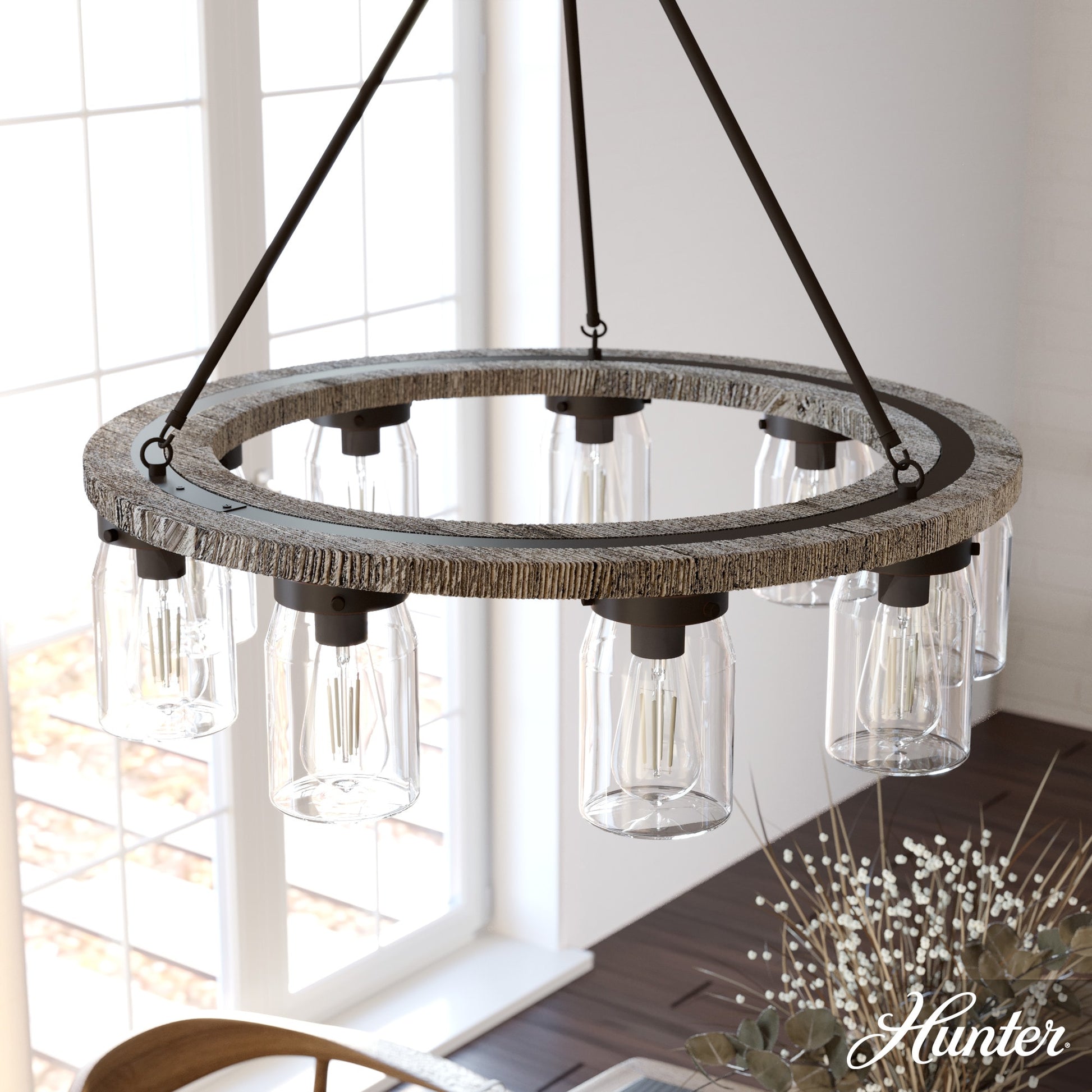 Hunter Devon Park 9 -Light Matte Copper Farmhouse Crystal For Use in Bedrooms, Dining Rooms, Foyers, Kitchens, Living Rooms Chandelier 5024451