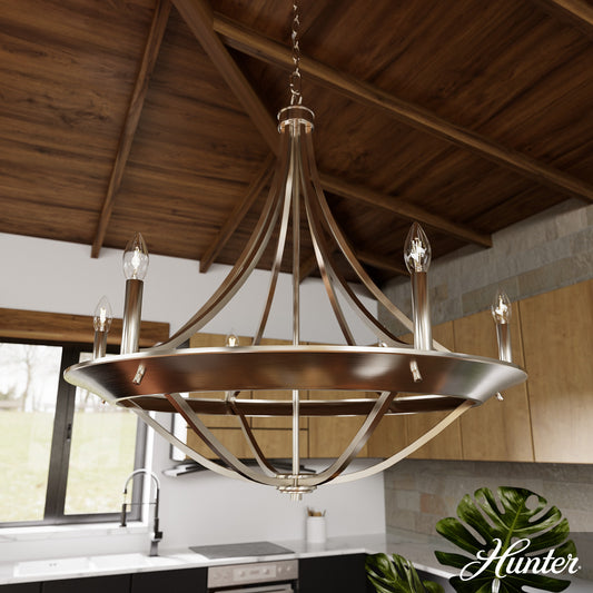 Hunter Perch Point 6 -Light Brushed Nickel Transitional For Use in Bedrooms, Dining Rooms, Foyers, Kitchens, Living Rooms Chandelier 5281564