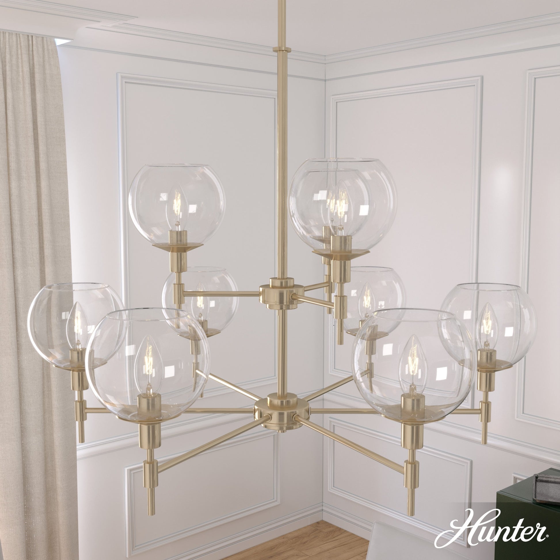 Hunter Xidane 9 -Light Satin Gold Mid-century Crystal For Use in Bedrooms, Dining Rooms, Foyers, Kitchens, Living Rooms Chandelier 5228397
