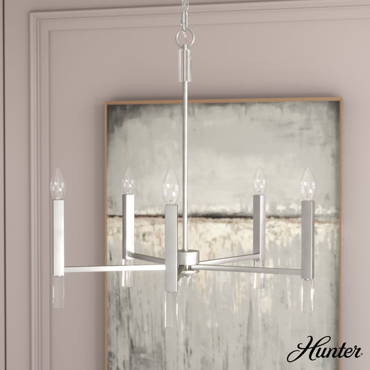 Hunter Sunjai 5 -Light Brushed Nickel Modern/contemporary Bare bulb For Use in Bedrooms, Dining Rooms, Foyers, Kitchens, Living Rooms Chandelier 5228396