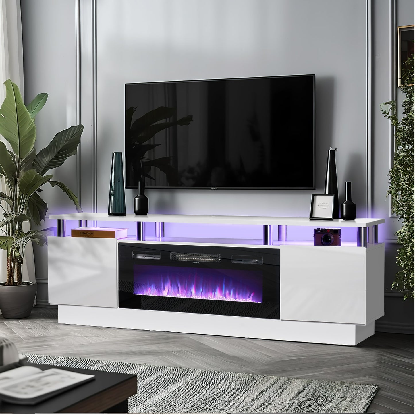 AOXUN 70-in W White TV Stand with LED Electric Fireplace H21014WH+H20020