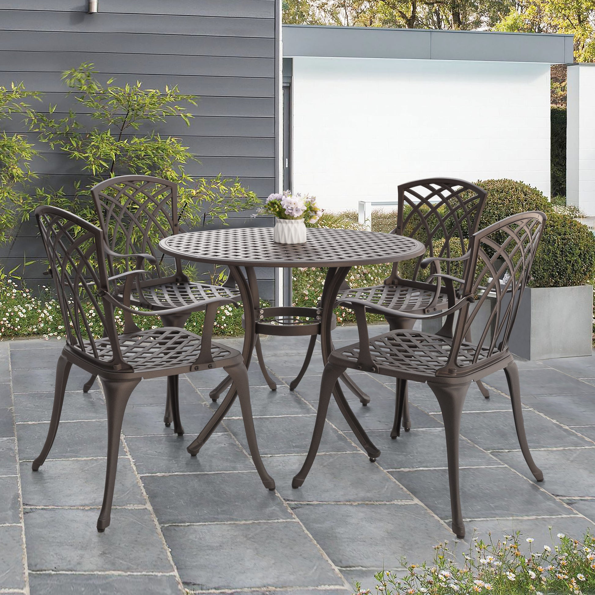 Nuu Garden 5 -Piece Brown with gold point Patio Dining Set Aluminum Round Table with 4 Stationary Chairs