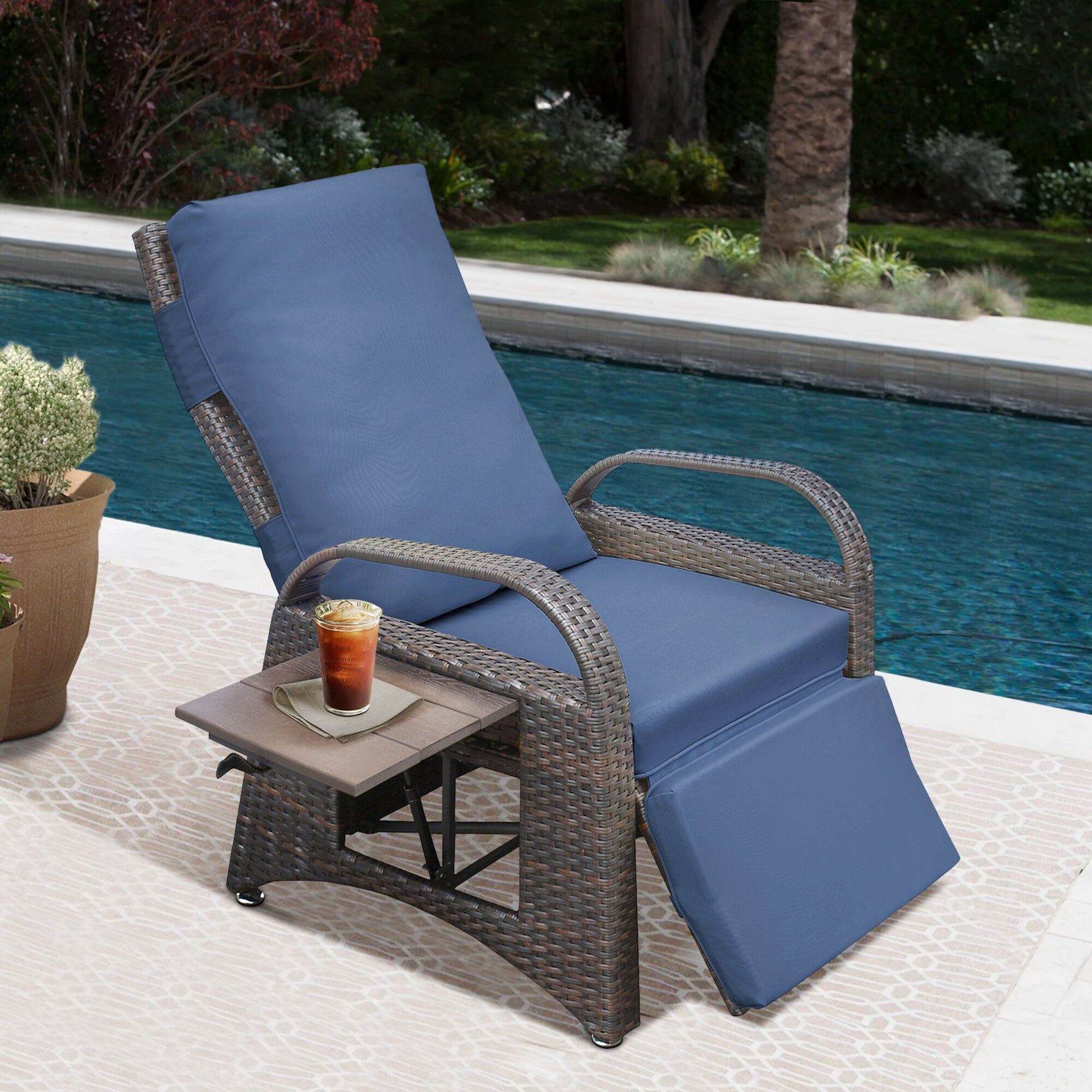 Maincraft Rattan Brown Iron Frame Stationary Recliner Chair with Blue Cushioned Seat