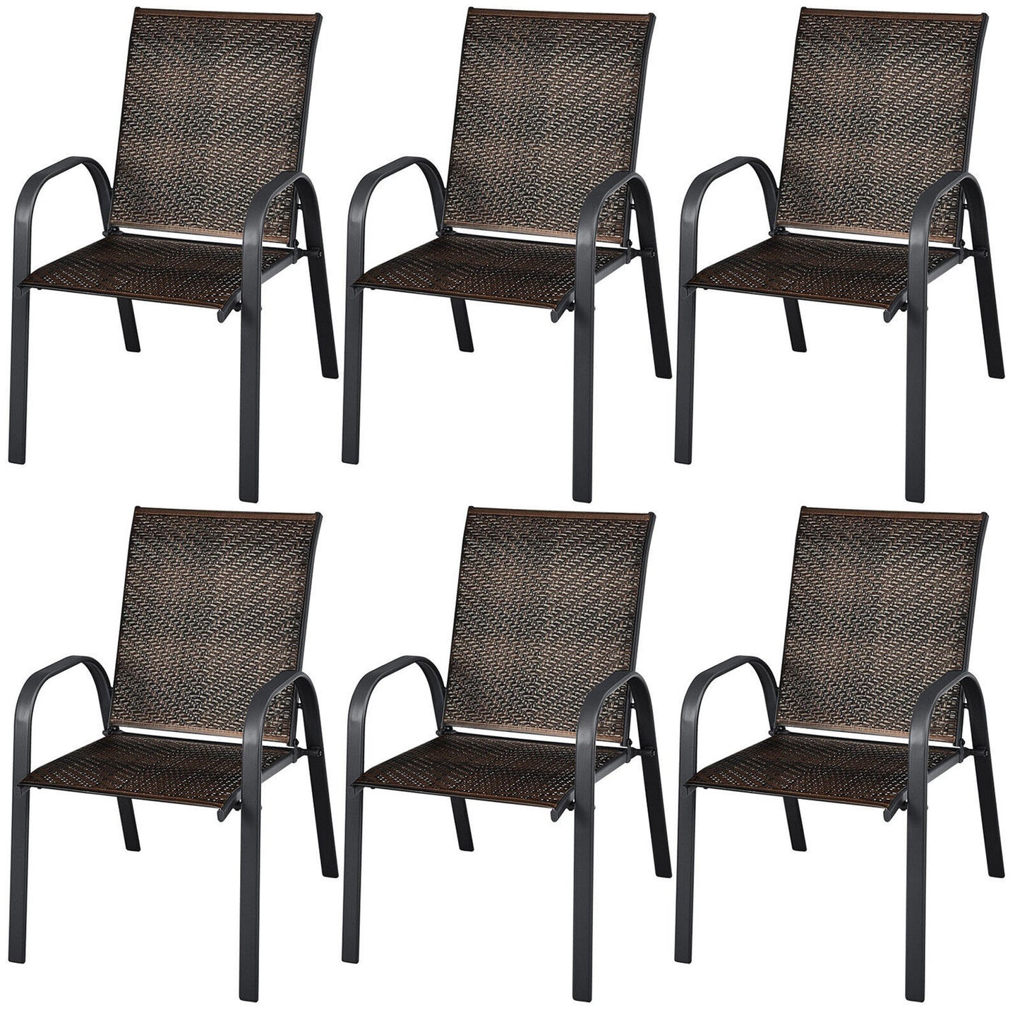 Clihome Patio Stackable Dining Chairs Set of 6 Rattan Stackable Black Metal Frame Stationary Dining Chair with Woven Seat