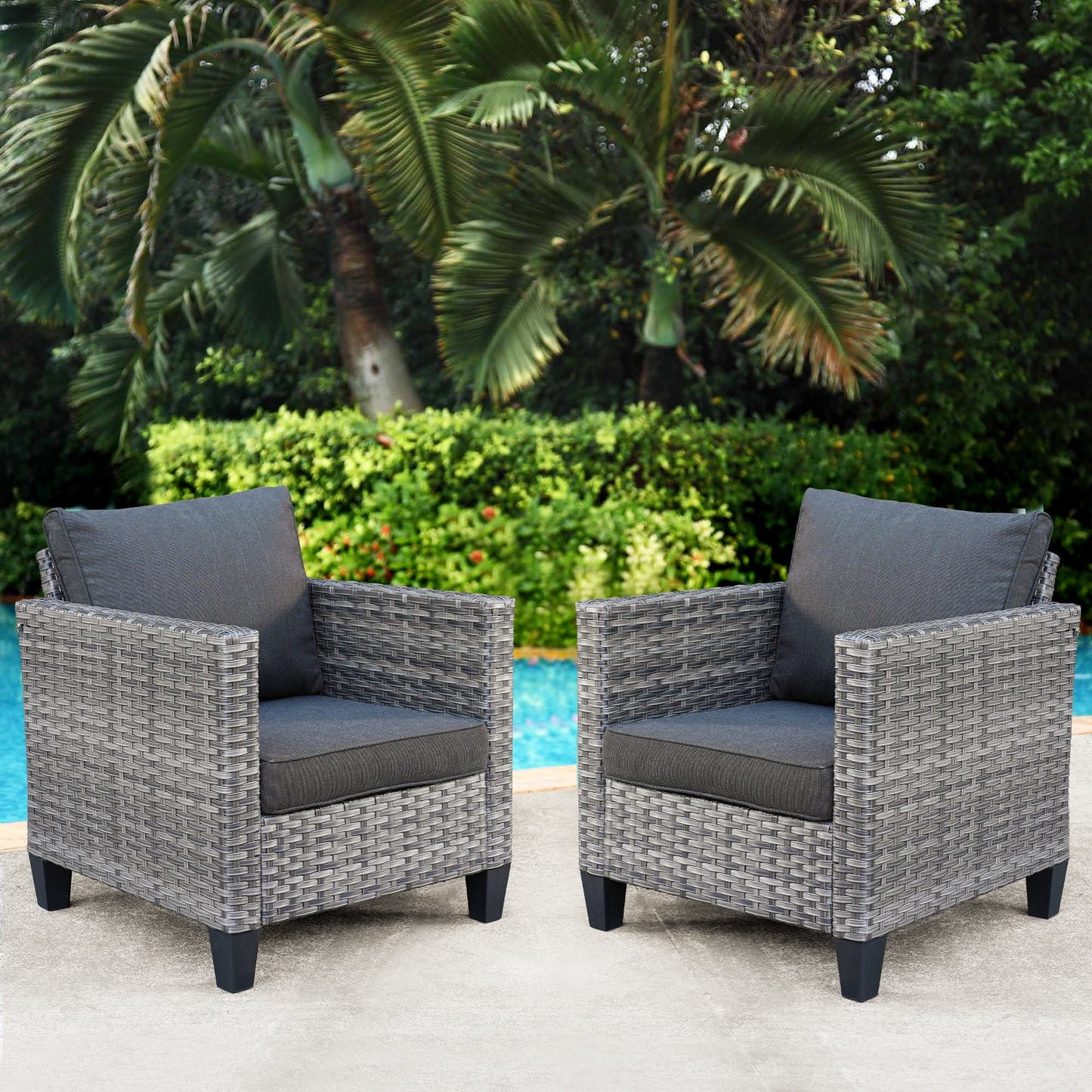 Ovios Set of 2 Wicker Grey Metal Frame Stationary Conversation Chair with Black Cushioned Seat